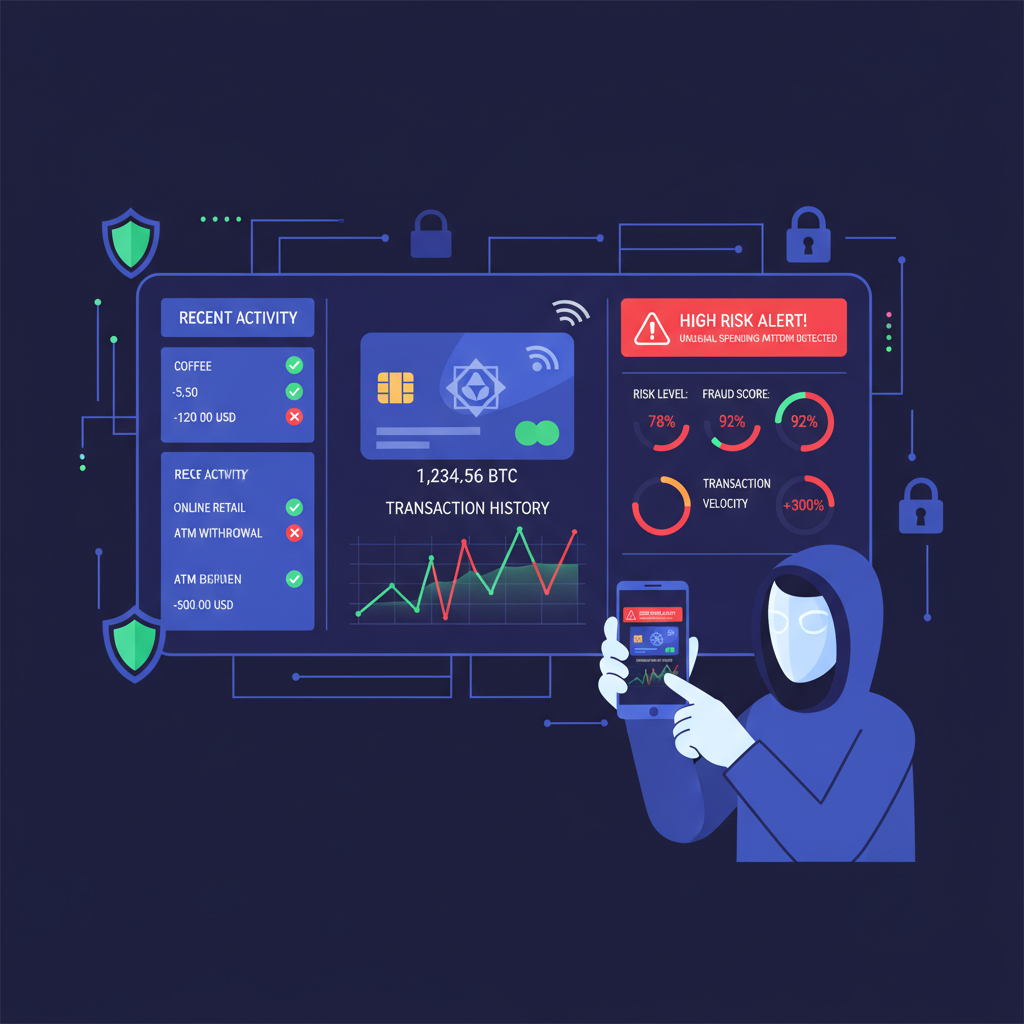 dashboard monitoring crypto card activity with alerts and risk indicators, vigilant user checking phone, cyber security theme