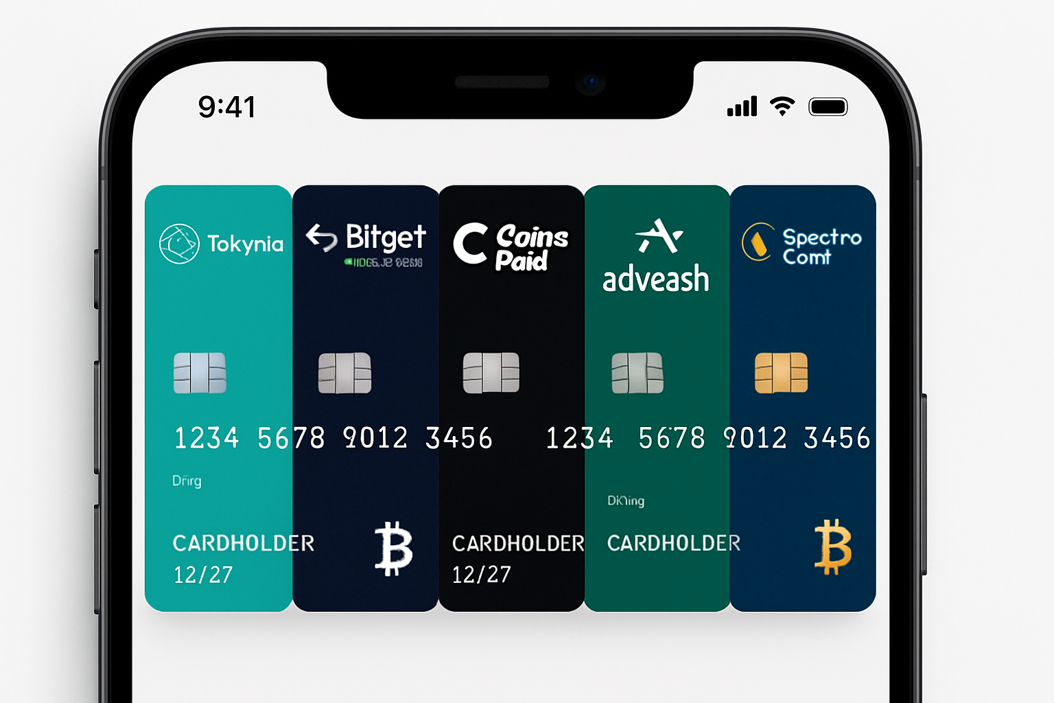 Sleek smartphone displaying Tokyniq, Bitget, CoinsPaid, Advcash, and SpectroCoin anonymous virtual crypto cards side by side, emphasizing privacy and no KYC.