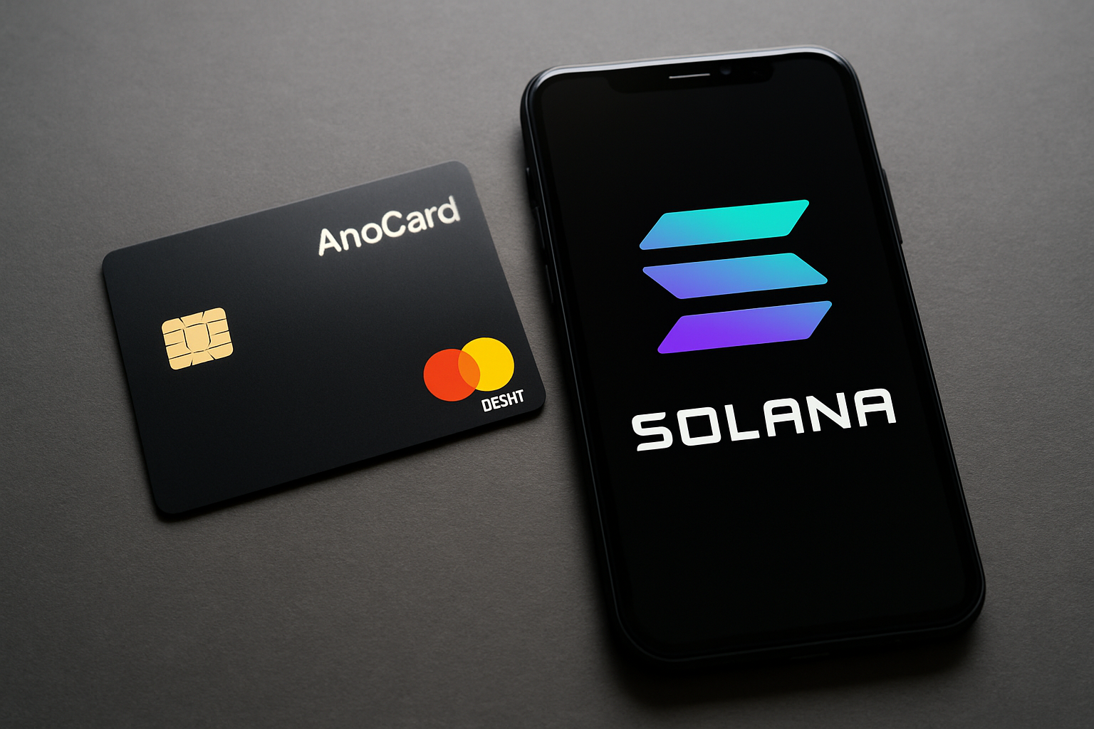 Sleek black AnoCard crypto debit card beside a smartphone showing the Solana logo, highlighting privacy-focused no-KYC features for Solana users