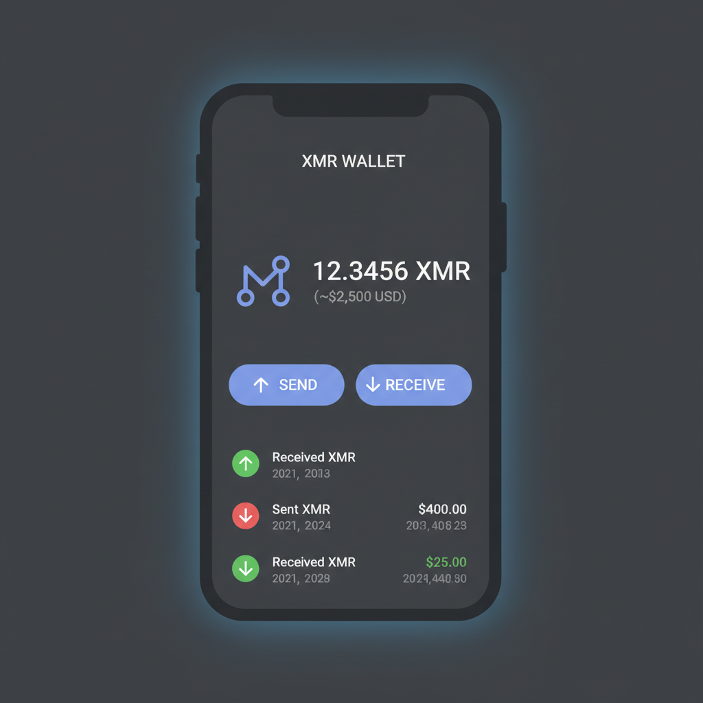 sleek mobile wallet interface displaying XMR balance, dark mode minimalist