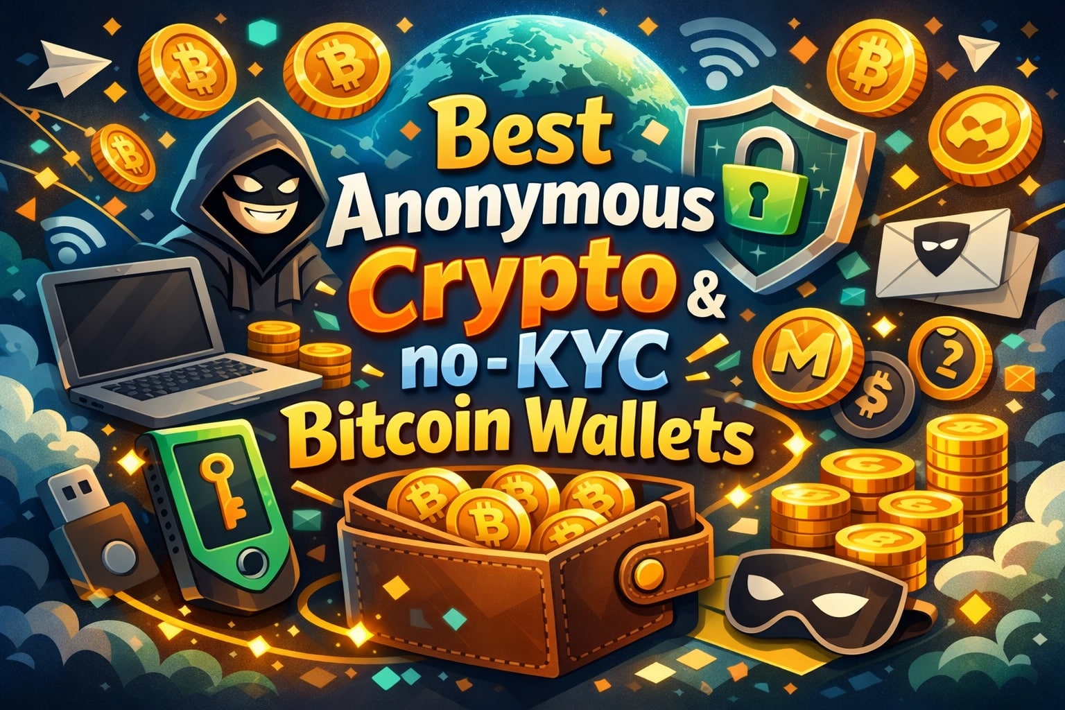 Sleek illustration of no-KYC virtual crypto cards like Goblin Card, Bleap, SolCard funding online shopping carts protected by privacy shields for anonymous 2026 purchases