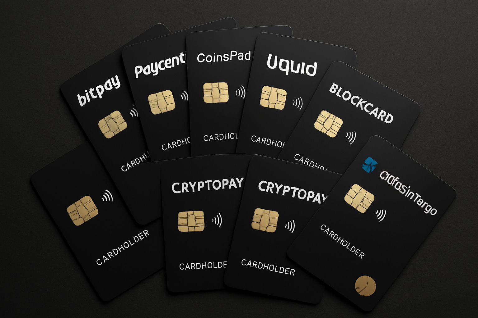 Sleek array of top no-KYC crypto credit cards for 2025, including BitPay, Paycent, CoinsPaid, SpectroCoin, Uquid, BlockCard, Advcash, Cryptopay, and SatoshiTango, fanned out on a dark background for privacy-focused users.