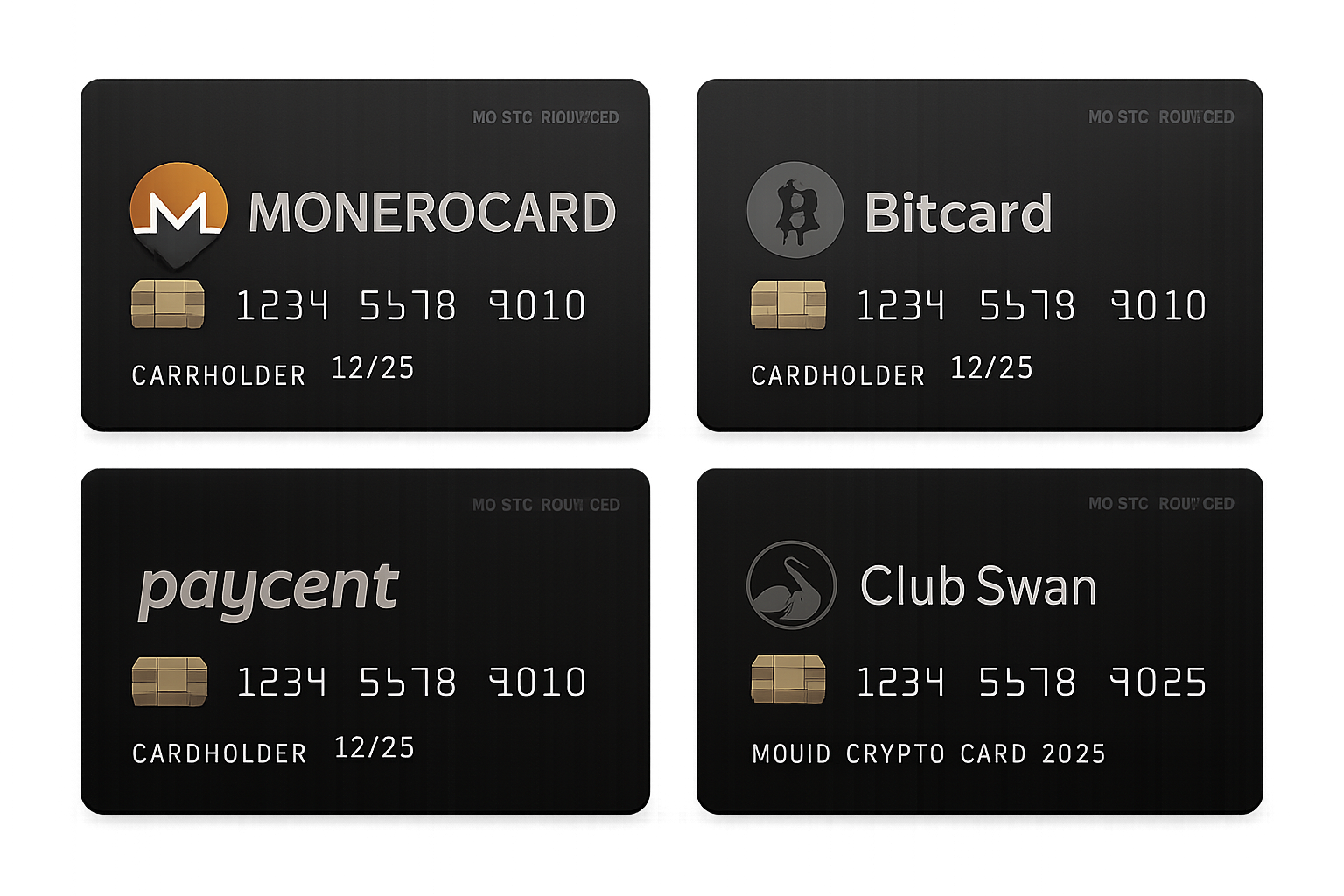 Sleek spread of top 6 anonymous no-KYC crypto credit cards for 2025 including MoneroCard, Bitcard, CoinsPaid Card, Paycent Card, ClubSwan Anonymous Card, and Uquid Crypto Card, each with unique privacy-focused designs.