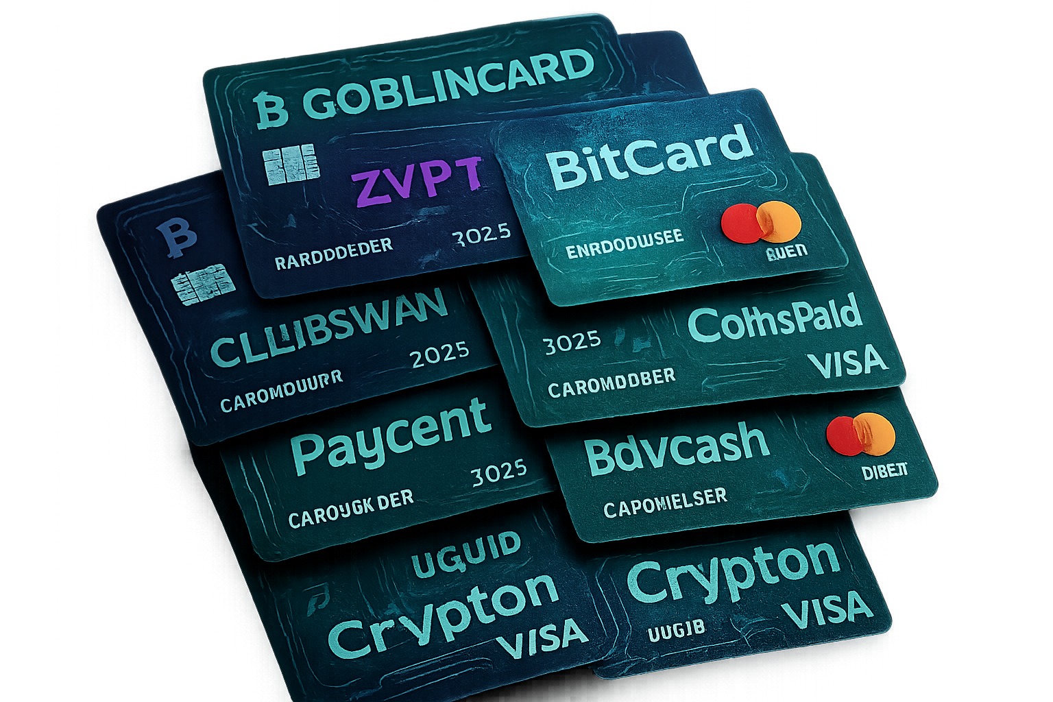 Stack of top no-KYC crypto Visa and Mastercard debit cards for 2025 with futuristic digital graphics, featuring Goblin Card, Zypto, BitCard, ClubSwan, CoinsPaid, Paycent, AdvCash, SpectroCoin, Uquid, and Crypton.