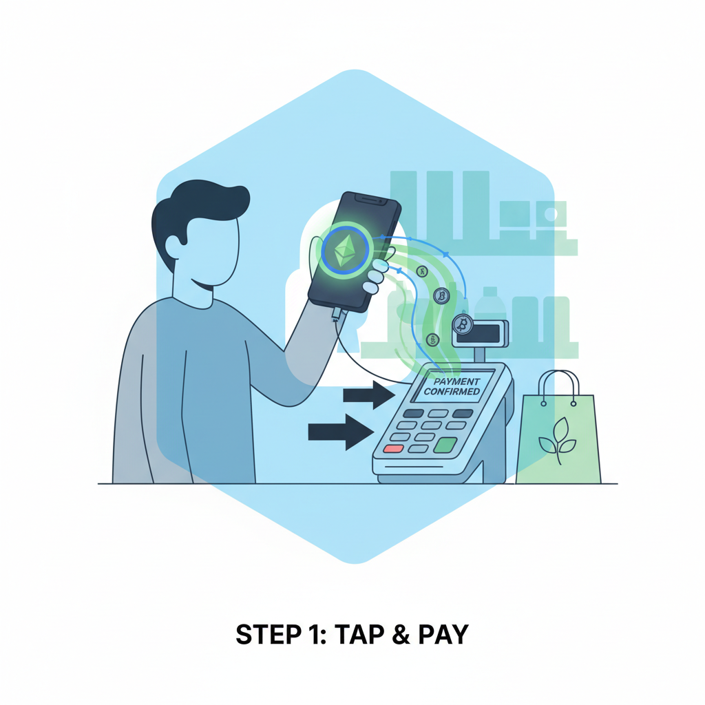 anonymous person tapping phone for payment at store terminal, crypto flow to real-world spending, privacy shield