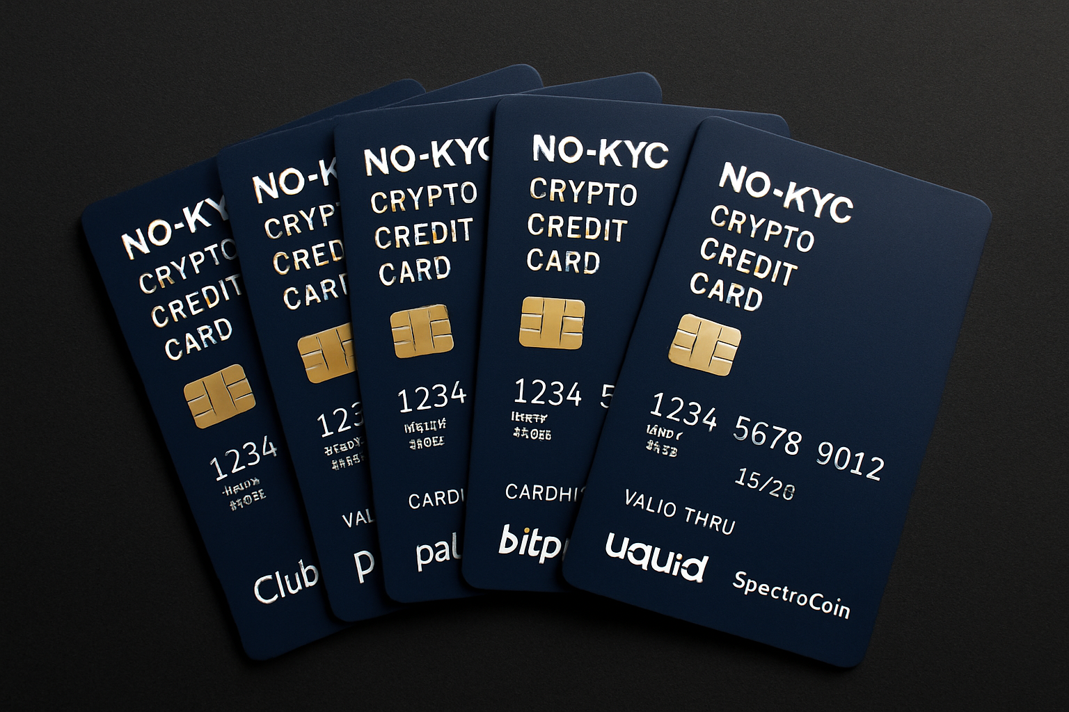 Sleek display of the 6 best no-KYC crypto credit cards for private spending in 2025, including Midnight Blue, ClubSwan, Paycent, Bitpay, Uquid, and SpectroCoin, fanned out on a dark surface.